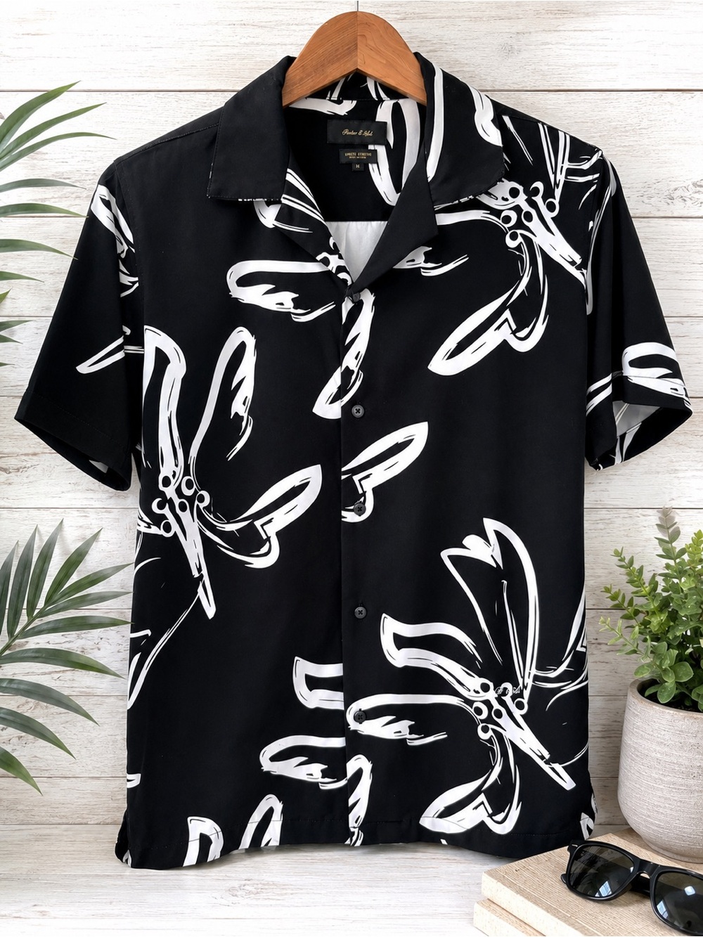 NWT Porter & Ash Kinetic Stretch Camp Shirt Black White Floral Men’s M - Picture 1 of 13
